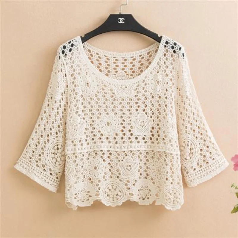 Lace hollowed shawl knitted short camisole sun protection thin jacket with middle sleeve outer matching skirt cover for women