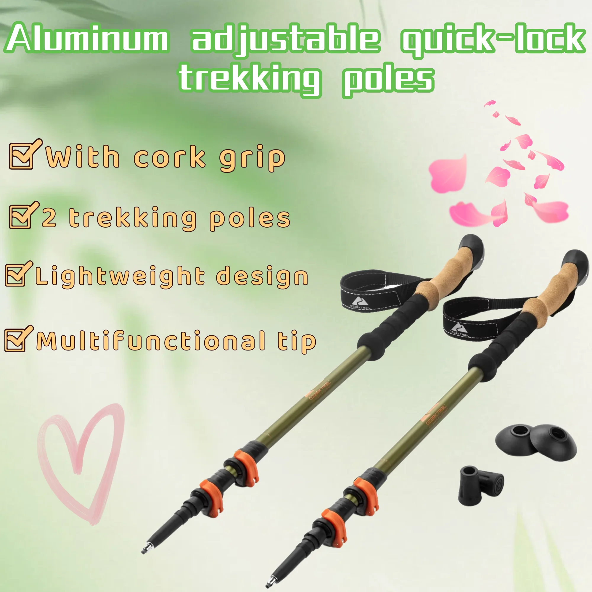 أقطاب رحلات من الألومنيوم ذات علامة تجارية قفل سريع قابل للتعديل - 2 أقطاب للمشي لمسافات طويلة مع قبضة من الفلين للمشي على الجبال
