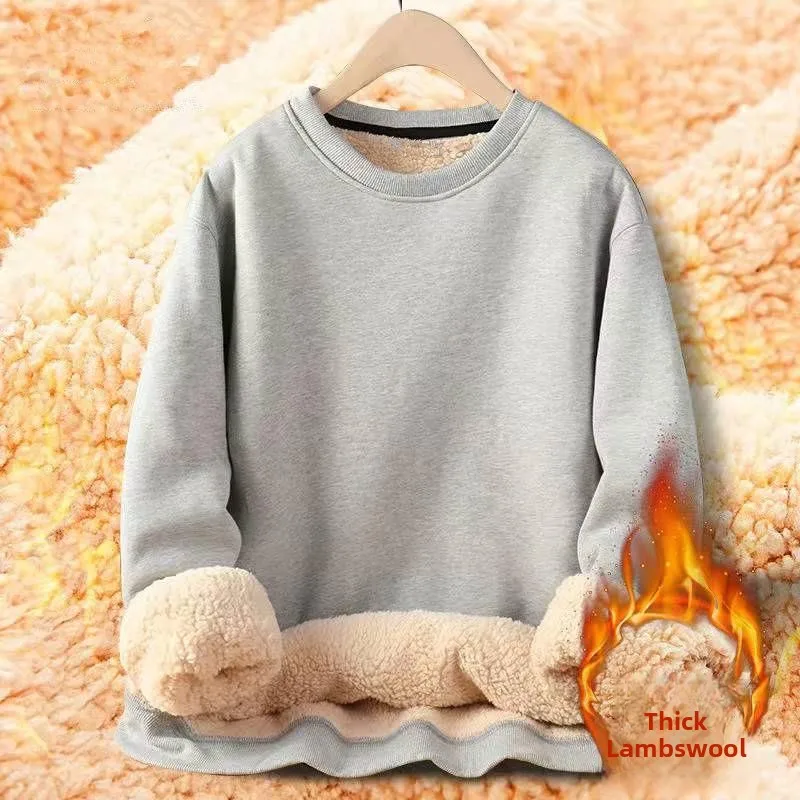 Men's Winter Thickened Long Sleeve round Neck Sweatshirt Lamb Velvet Casual Warm Anti-Cold Base Shirt Comfortable Loose Fit
