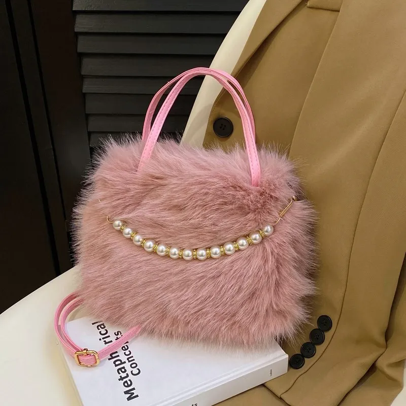 

Fashion women's bag plush beaded portable small square bag texture versatile commuter bag furry simple crossbody bag