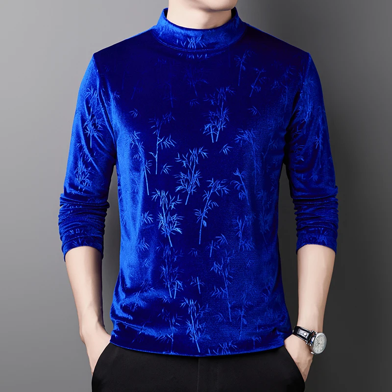 New Arrival Gold Velvet Men\'s Tees 2024 Autumn Fashion Bright Stars Silk Velvet  Clothes Tops Male Mock Neck Soft Velour Shirts