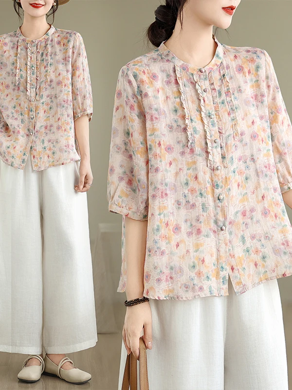 

Retro Japanese Style Printed Short Sleeve Linen Shirt Loose Slimming Large Size Casual Top Comfortable Breathable Women's Fas...