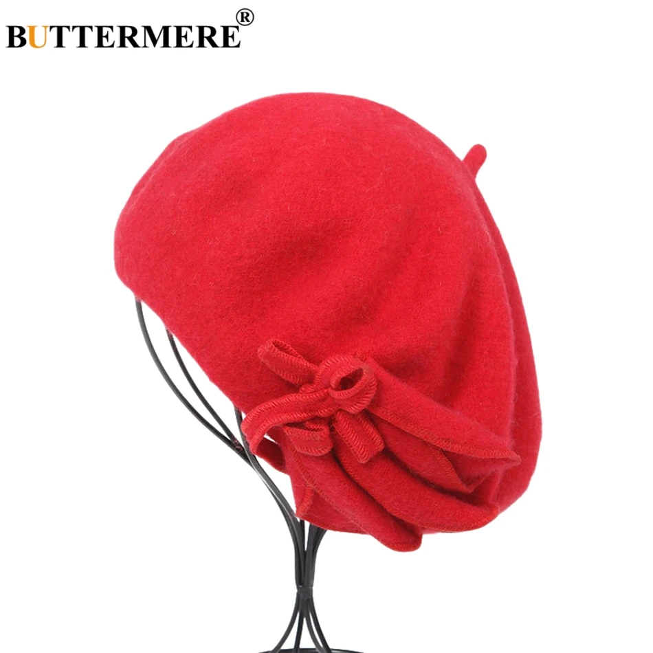 BUTTERMERE Wool French Beret For Women Green Elegant Painters Hats Ladies Solid Bowknot Female Beret Autumn Winter Artist Cap