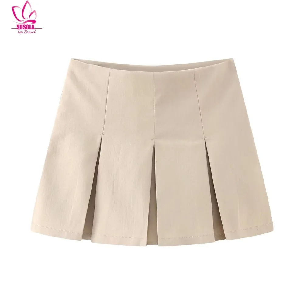 

SUSOLA Women High Waist Wide Pleats Design Slim Shorts Skirts Female Side Zipper Culottes Hot Shorts Chic Pantalone Cortos