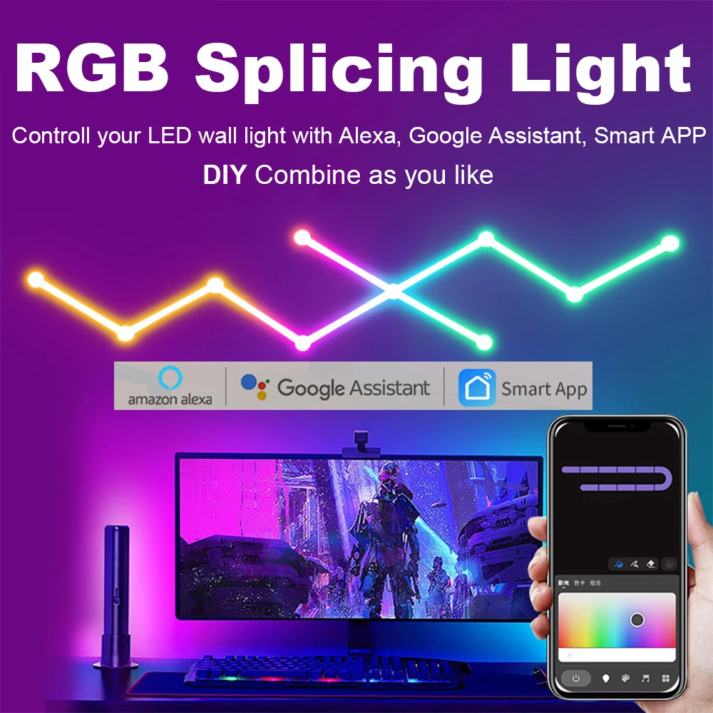 

RGB LED Light Bar DIY Atmosphere Splicing Wall Light Smart Voice Control Lamp Music Rhythm Backlight for Bedroom Game Room Decor