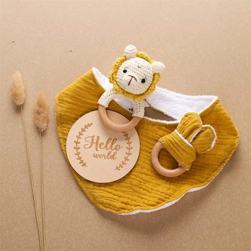 Baby Wooden Crochet Rabbit Rattle Teether Toys Wooden Ring Rabbit Ears Baby Milestone Cards Cotton Towel Photography Accessories