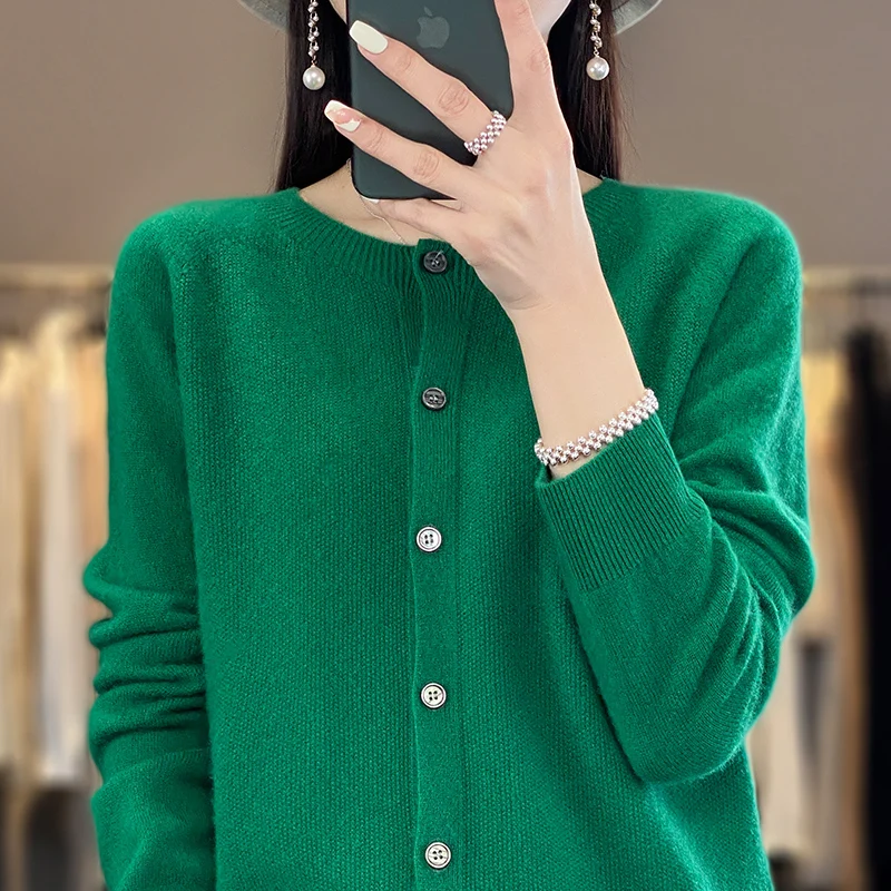 ZYCZCXX 100% Merino Wool women\'s knitted Cardigan O neck sweater Women 2024 new solid color basic sweater cardigan Korean jacket