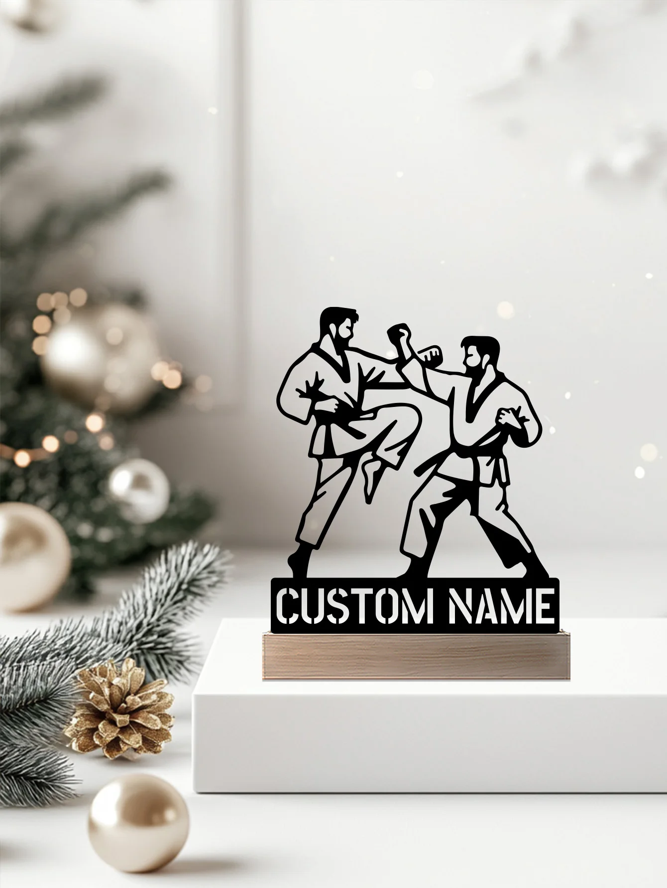1pc Abstract Martial arts combat Customized Name Metal Statue Metal Ornament With Wood Base Metal Sculpture Handicraft With Wood