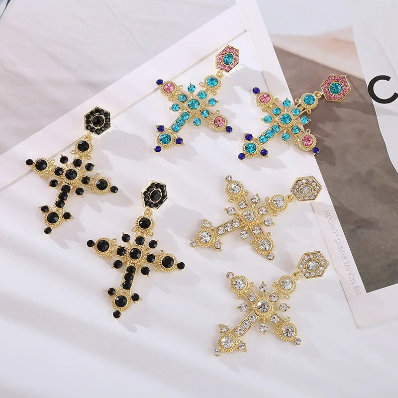 Colored diamond stud earrings Bohemian ethnic style alloy diamond-encrusted cross earrings female source