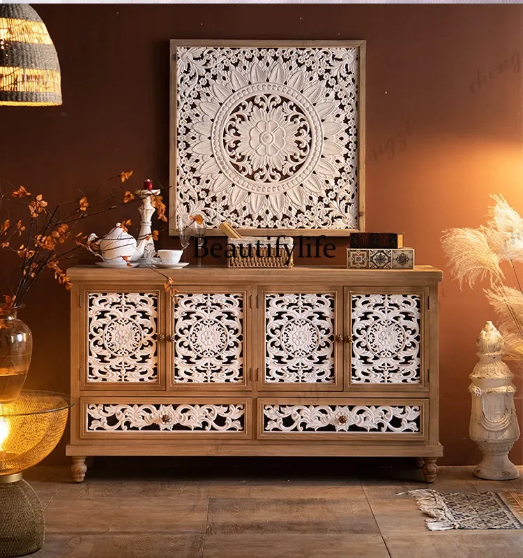 h178Retro solid wood living room storage, furniture shoe cabinet medieval French engraving, chest cabinet