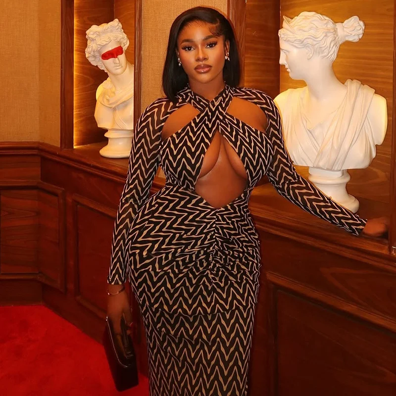 Vestido Maxi Bodycon com Estampa Listrada Sexy, Manga Longa, Recortes, Ajuste Slim, Elástico, para Festas e Clubes, Roupas Femininas