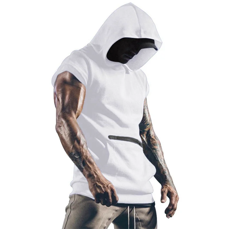 Men's Hooded Sleeveless Sweatshirt, Solid Color, Slim Fit, Fitness Vest, Street Style, Trendy, Cool, Casual Hooded Tank Top.