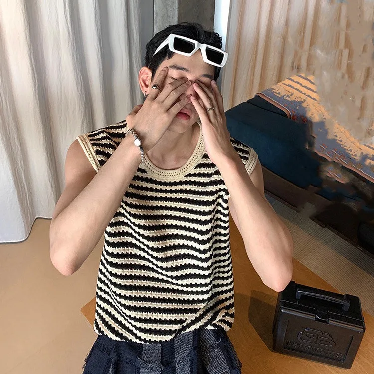 American Retro Striped Hollow Knitted Vest Men's And Women's Outer Wear Design Sense Niche Casual Sleeveless Vest Top Tide