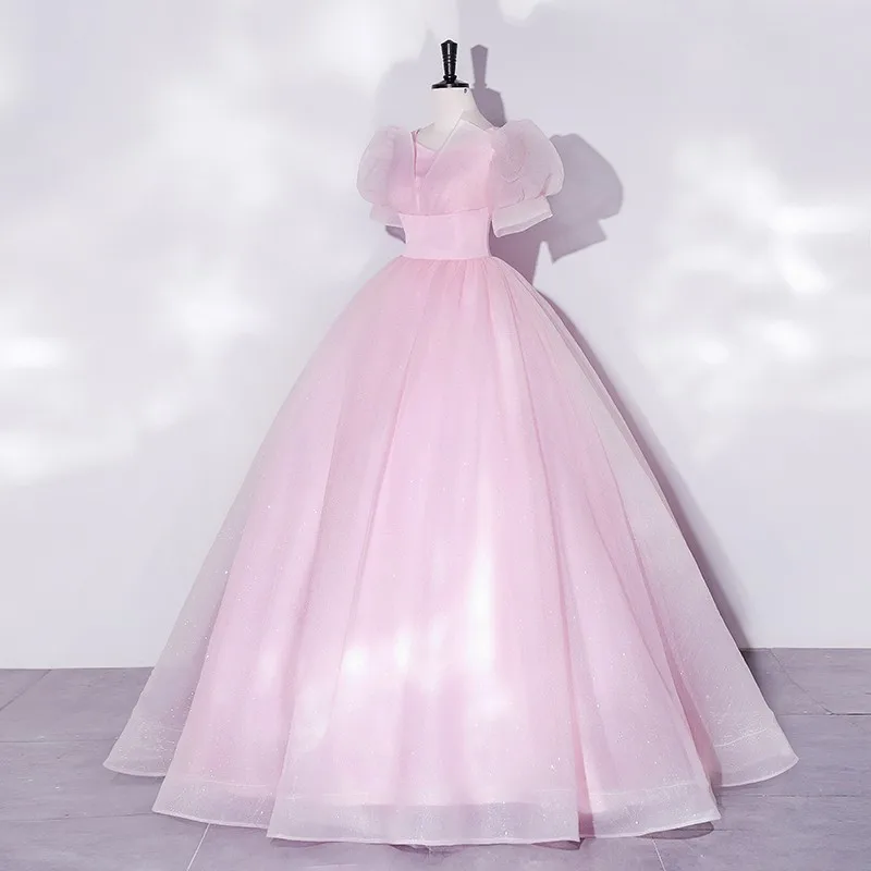 Süße rosa Puff ärmel Quince anera Kleid Luxus Party kleid klassisches V-Ausschnitt Ballkleid echtes Foto einfaches Ballkleid Herbst neu