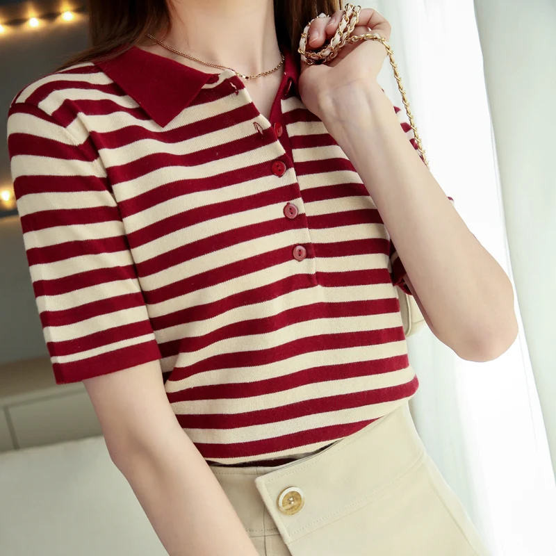 Summer Women 100% Cotton Striped Polo T Shirt Women Clother Tops Short Sleeve Sweater Casual Basic Pullover