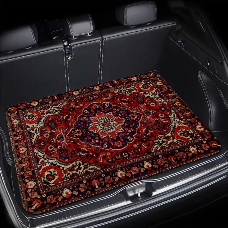 VIKAMA Red Persian Rug Trunk Mat Vintage Non Slip Universal Boot Liner Car Interior Decor Accessory