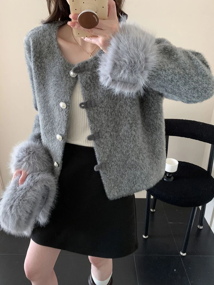 Vintage Knitted Cardigan Women Removable Fur Collar Button Long Sleeve Sweater Loose Casual Small Fragrance French Gray Outwear