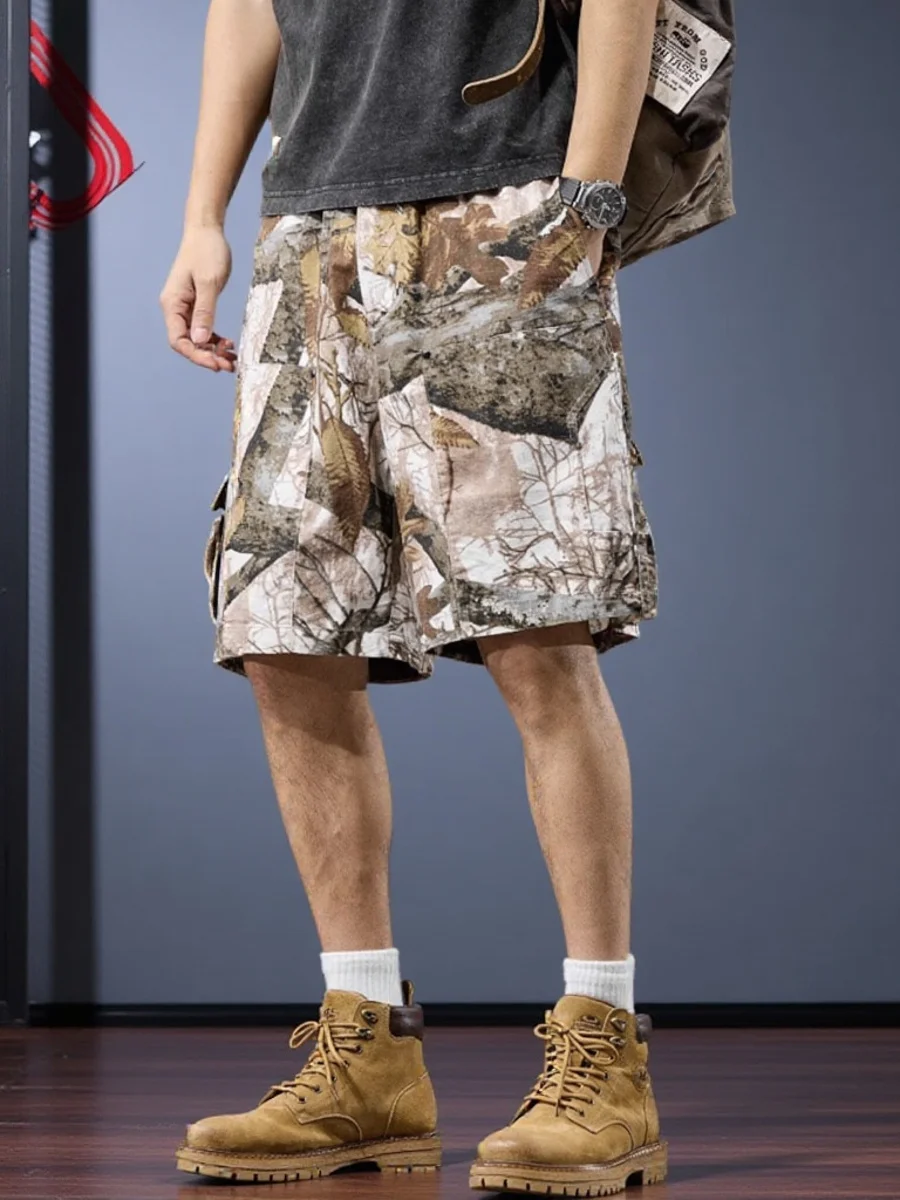 

Linen Work Pants Men's American Retro Dried Le Camouflage Print orts Straight Corduroy Sport Five-Quarter Pants