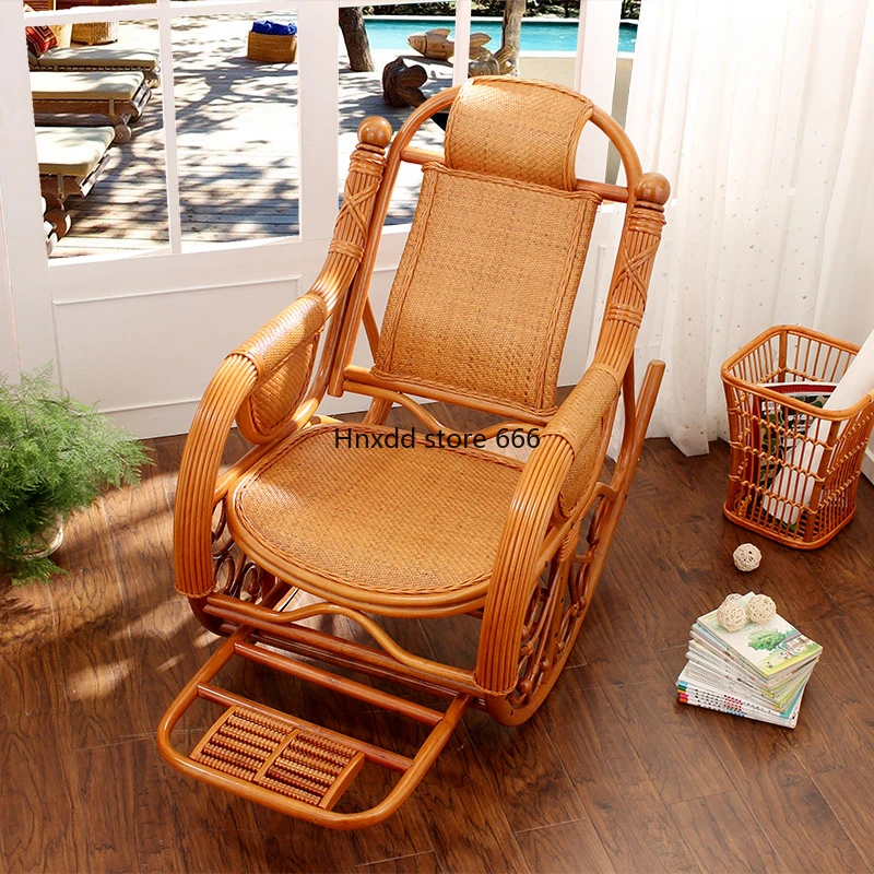 Real rattan rocking recliner adult lunch break balcony household natural rattan solid wood rattan rocking chair