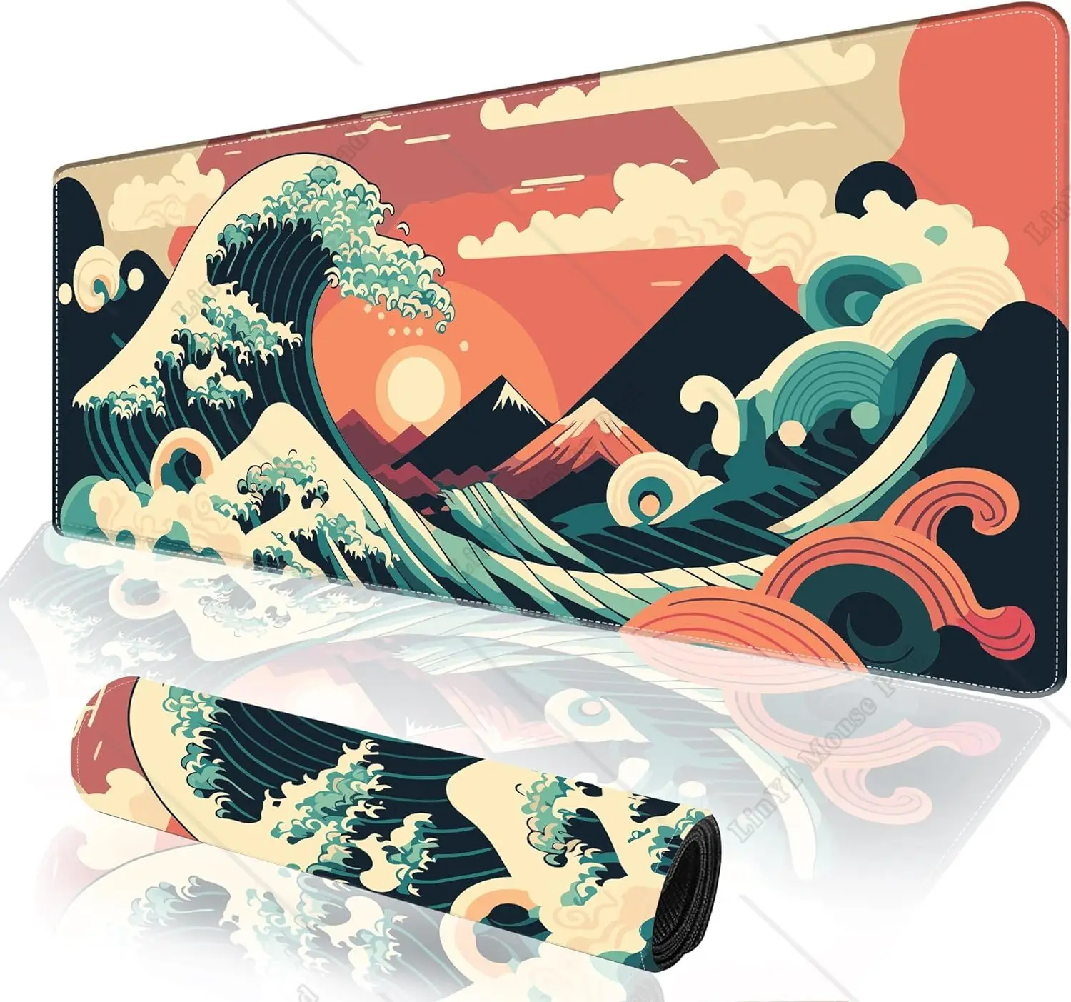 Japanese Sea Wave Sunset on Cloud Extended Large Gaming Mouse Pad  with Stitched Edges for Office Home Gifts 31.5 x 11.8 Inch