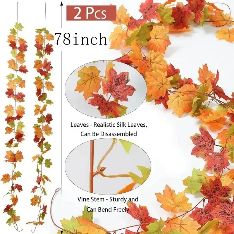 2M Artificial Fall Maple Leaf Garland Fake Plants Autumn Decor Leaves Vine for Thanksgiving Halloween Christmas Wedding Decora