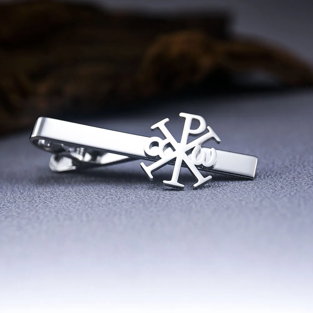 Classic Chi-Rho Alpha Omega Christian Cross Tie Clip Stainless Steel  Mens Suit Necktie Clip Religious Symbols Amulet Jewelry