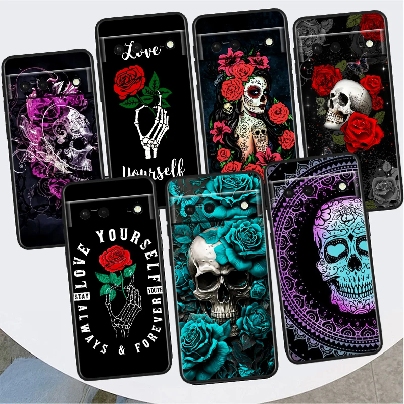 Roses Skull Art Cool For Google Pixel 8 7A 7 6A 6 5A 5 4 4A XL 5G Black Silicon Shockproof Shell Cover Phone Case