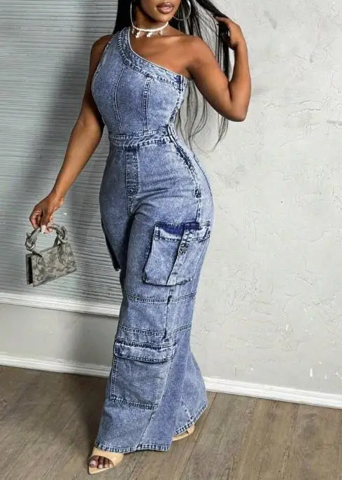 بدلة قفز ذات ياقة مائلة وكتف واحد بتصميم عالي الخصر وسحاب جانبي مستقيم الساق للنساء بذلة عالية الشارع العصرية #1