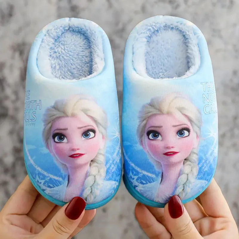 Disney Princess Sofia Elsa Winter Children's Cotton Slippers Girl's Parent-child Snow Non Slip Warm Baby Slippers Size 24-39