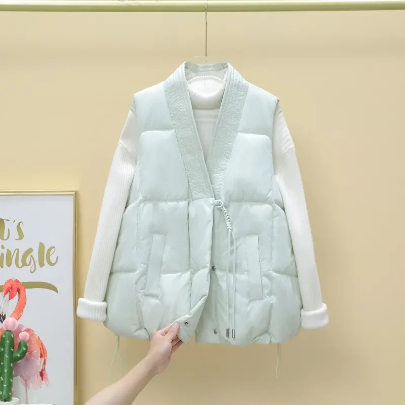 

Winter Autumn 2025 New Buckle Down Cotton Vest Women Fashion V-Neck Sleeveless Jacket Loose Padded Waistcoat Female Tops W1005
