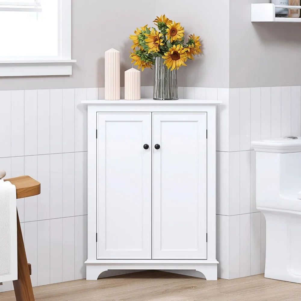 

Floor Corner Cabinet with Doors and Shelves, Freestanding Bathroom Corner Storage Cabinet for Bathroom, Living Room, Whi