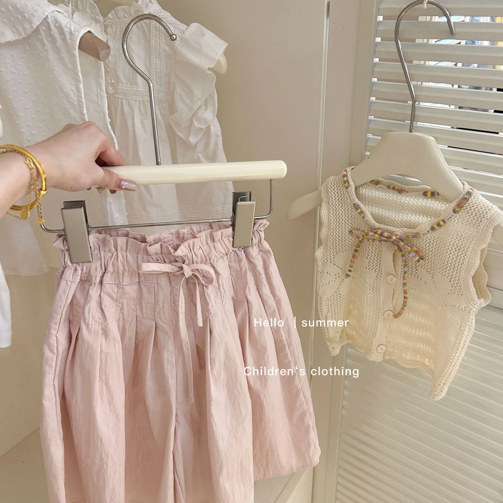 Kids Girls Summer Clothing Sets Patch String O-neck One Breasted Sleeveless Knitting Cardigan Coat Tops+Elastic Waist Pink Pants