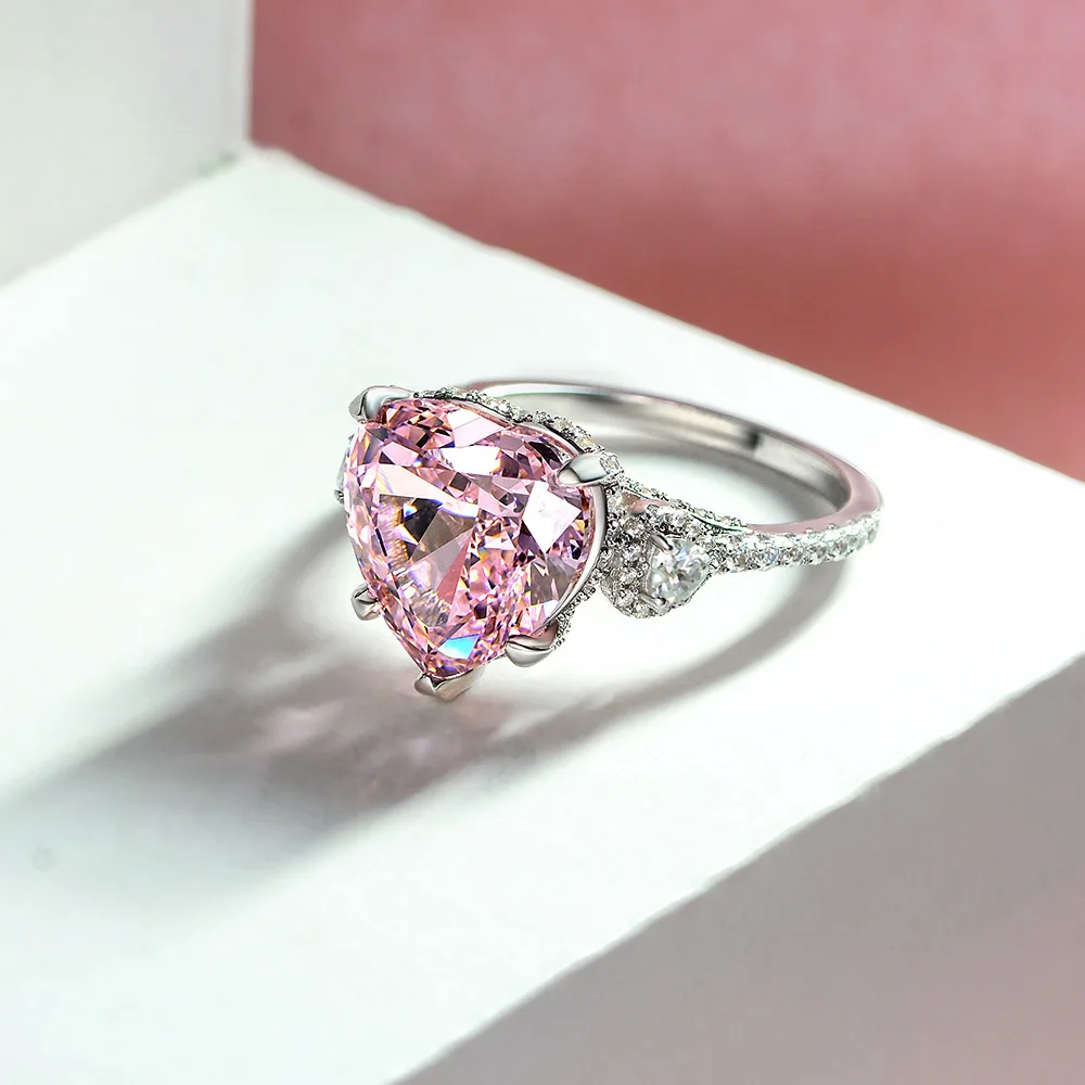 S925 Silver European and American Style 6ct Heart Shaped 12 * 12 Simulation Pink Diamond Luxury Ring New Wedding Jewelry