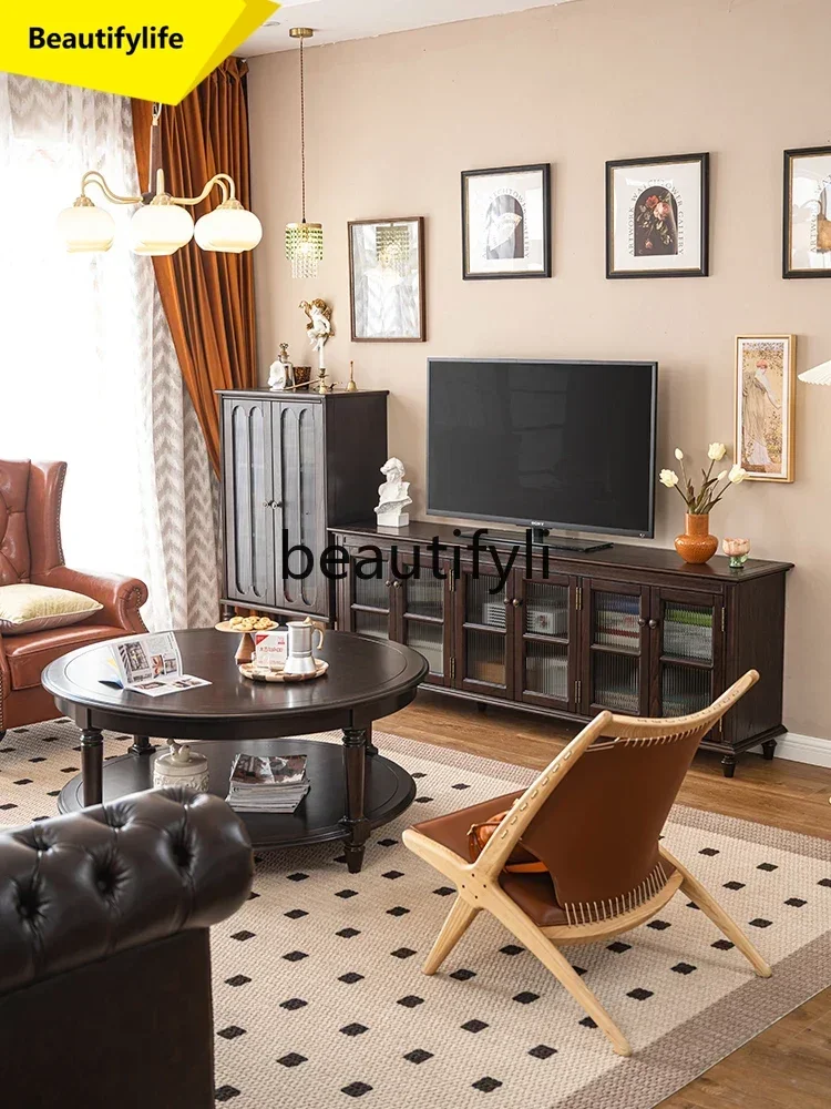 

Q181 American solid wood TV cabinet French retro high floor cabinet light luxury TV cabinet