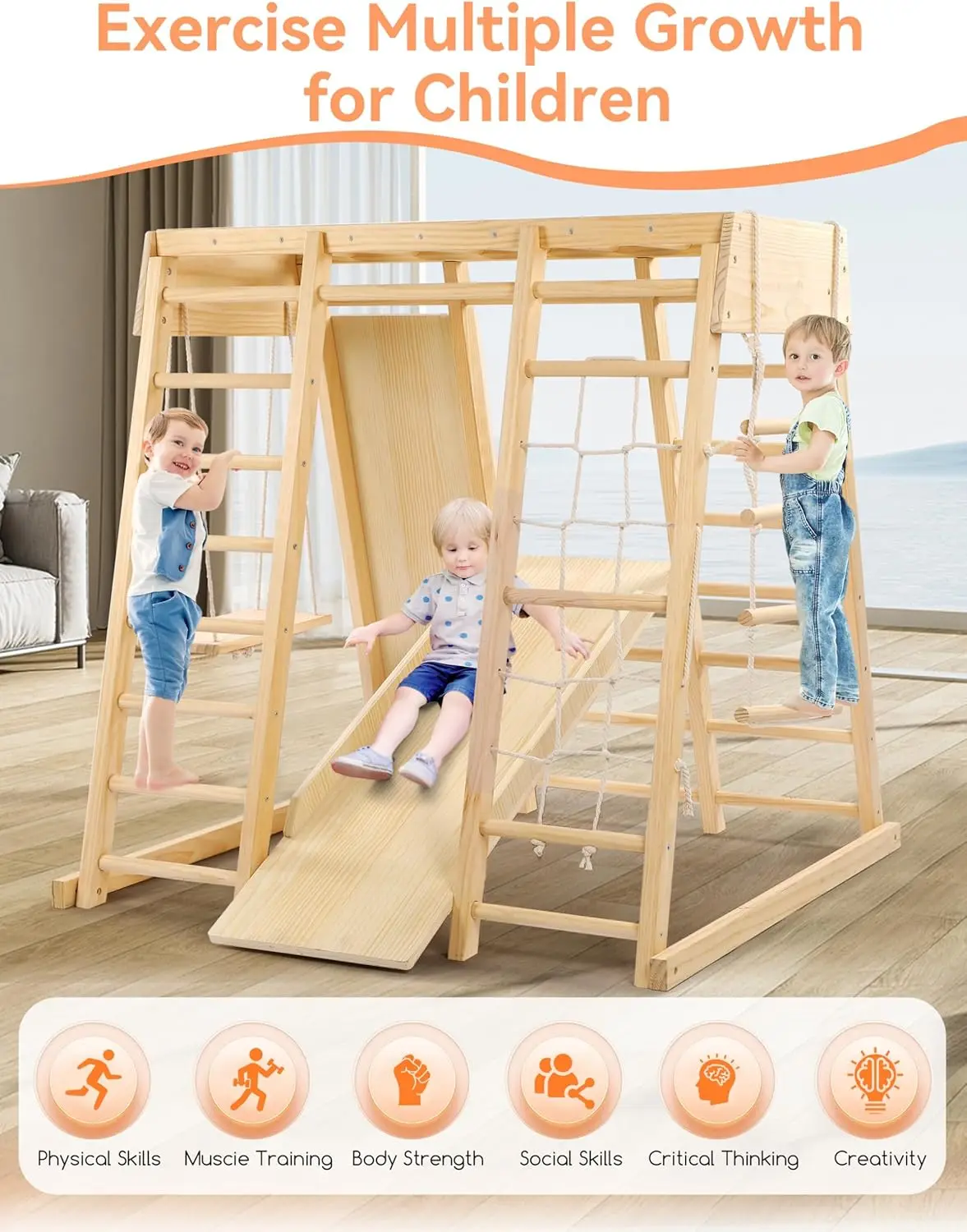 Functions Jungle Gym Baby Climbing Toys, Montessori Waldorf Style Wooden Toddlers Climber Playset for Children Kids 2-7 with Sli