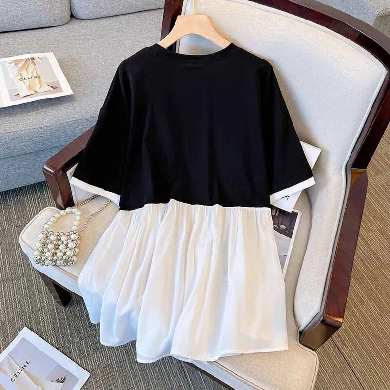 New 2023 Summer Plus Size Tops For Women Large Size Short Sleeve Loose Cotton Black White Fold Long T-shirt 3XL 4XL 5XL 6XL 7XL