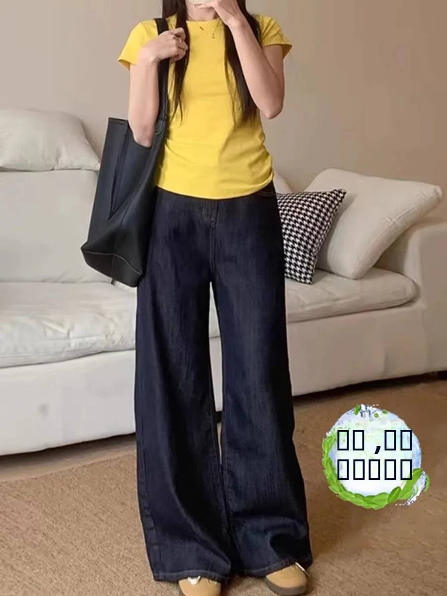 

Джинсы-клеш женские больших размеров, темно-синие, летние, тонкие, с высокой талией, утягивающие, из ледяного шелка, прямые, широкие штанины