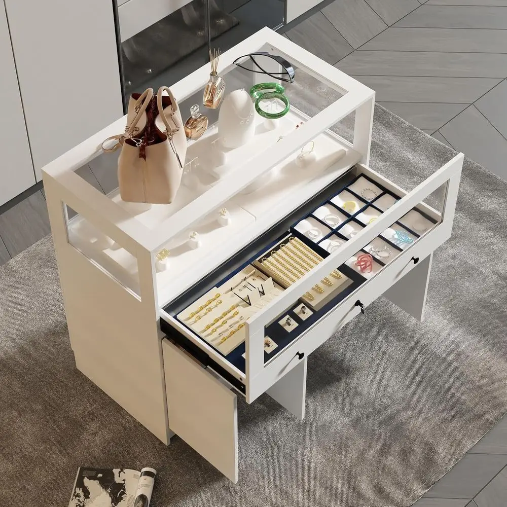 Lockable Glass Display Cabinet Closet Island, Glass Top Storage Cabinet for Retail, Collectibles Showcase with 3 Doors, Walk in