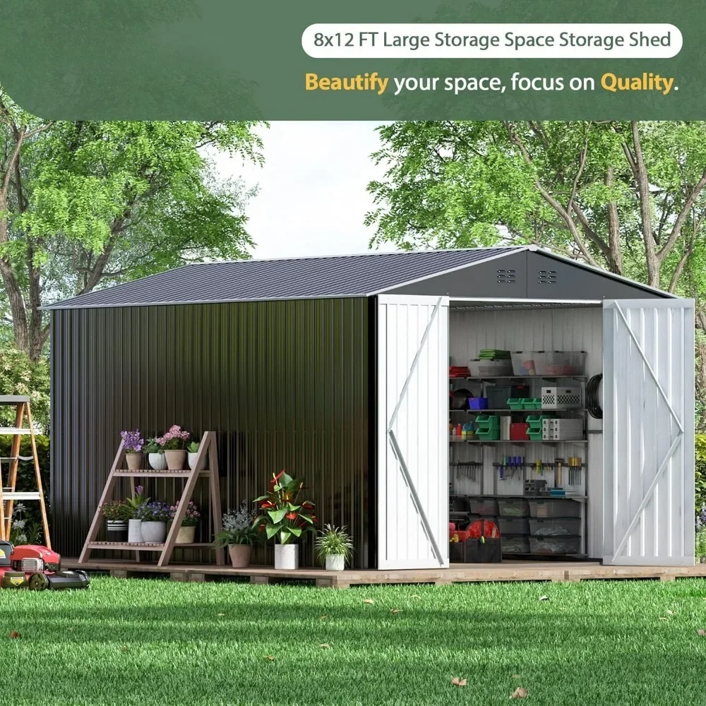 8 X 12 FT Outdoor Storage Shed, Large Metal Garden Shed, Tool Sheds for Backyard Garden Patio Lawn, Grey