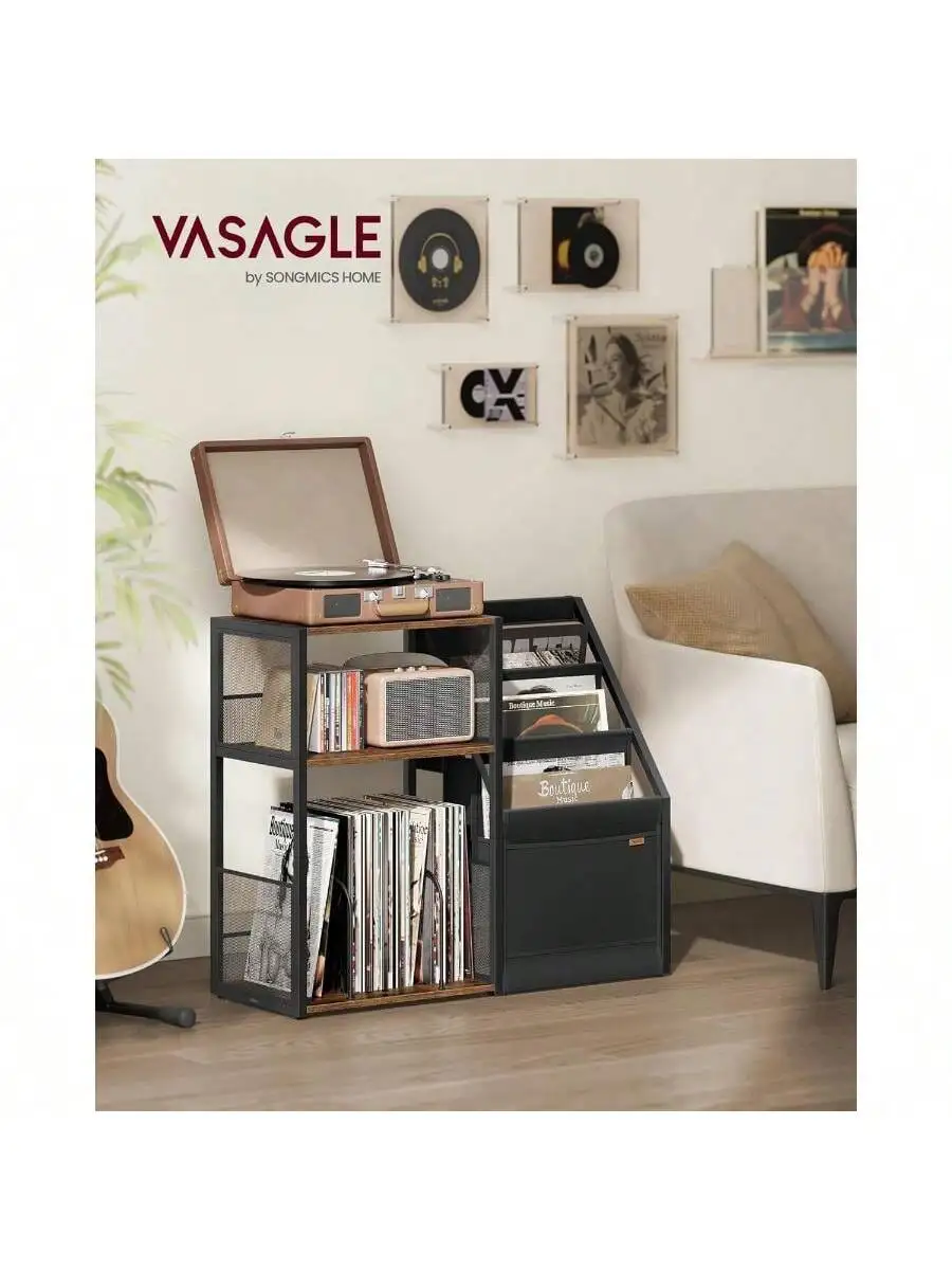 VASAGLE Record Player Stand, 3-Tier Side Table, Vinyl Record Storage Up To 140 Albums, End Table For Living Room, Bedroom