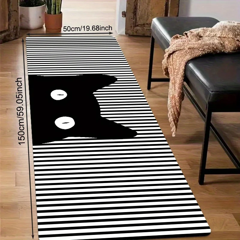 Black White Geometric Black Cat Diatomaceous Earth Kitchen Rug,Non-Slip Rubber Long Mat, Decor Mat for Bathroom,Hallway,Washroom