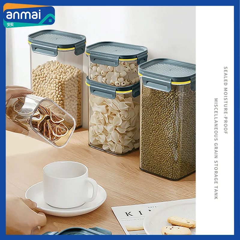 Anmai Airtight Cereal Storage Container Set Coffee Bean Bucket Food Storage Box Plastic Transparent Sealed Tank 1L 1.55L