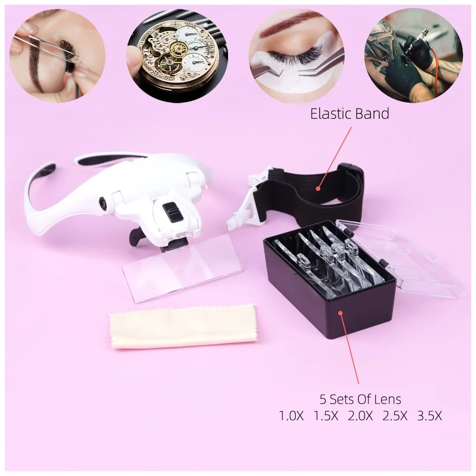 

Headband Magnifier 5 Interchangeable Lens 2 LED Illuminated Rechargeable Suit for Eyelash Extensions or the People Working Close