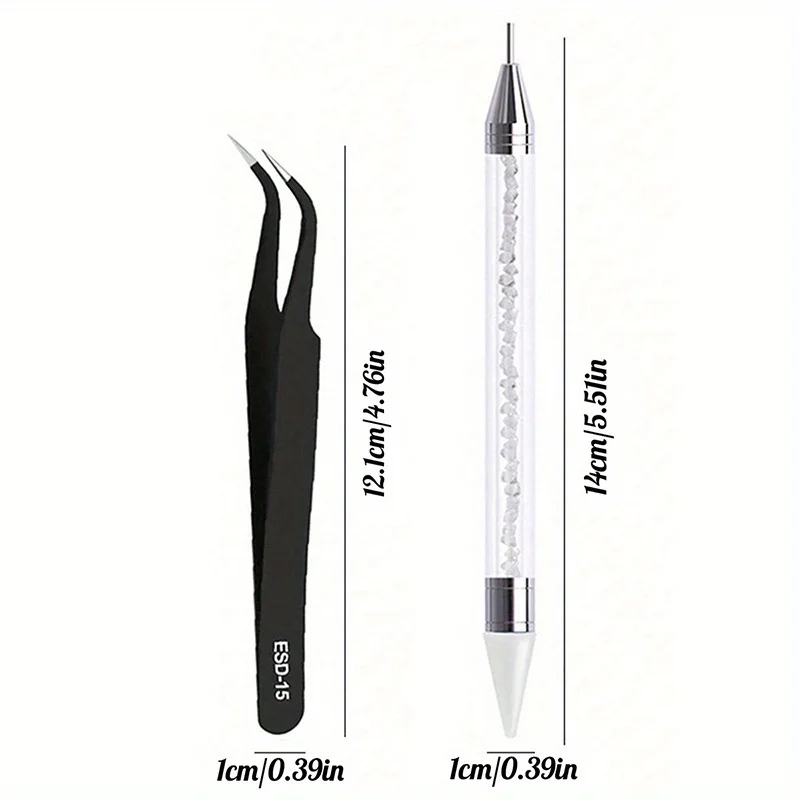 2Pcs set of manicure double-ended diamond pens with diamond-encrusted crayons with stainless steel tweezers nail art grafting