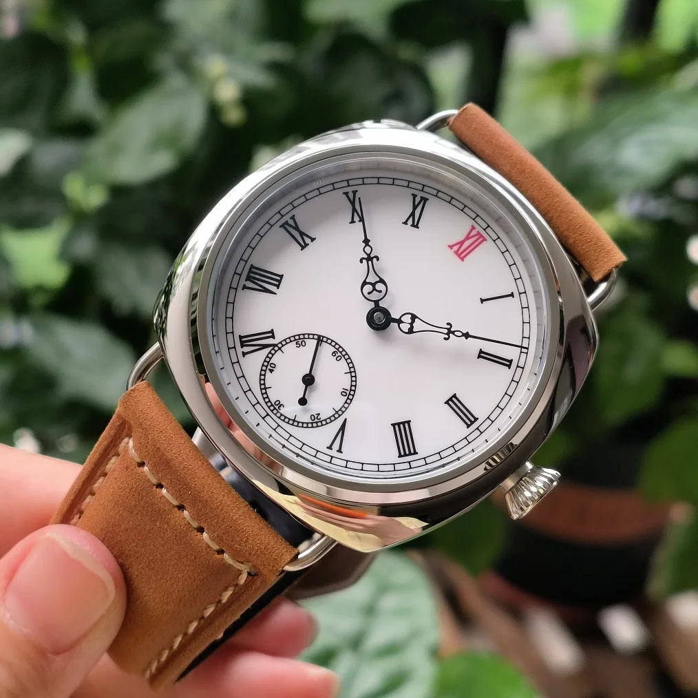 

No logo 45mm Mechanical Hand Wind Men's watch White enamel dial ST3621 movement selectable Mineral glass or sapphire crystal