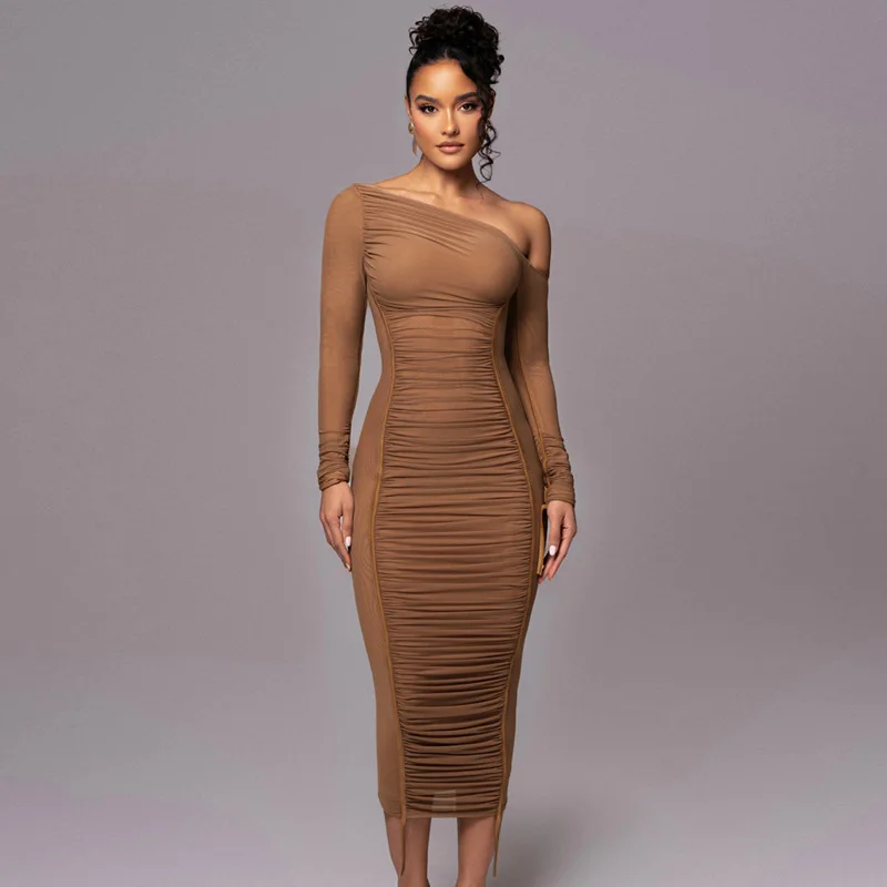Autumn Women's Sexy Single Shoulder Off Shoulder Long Sleeved Mesh Patchwork Contrasting Fold Temperament Medium Length Dress