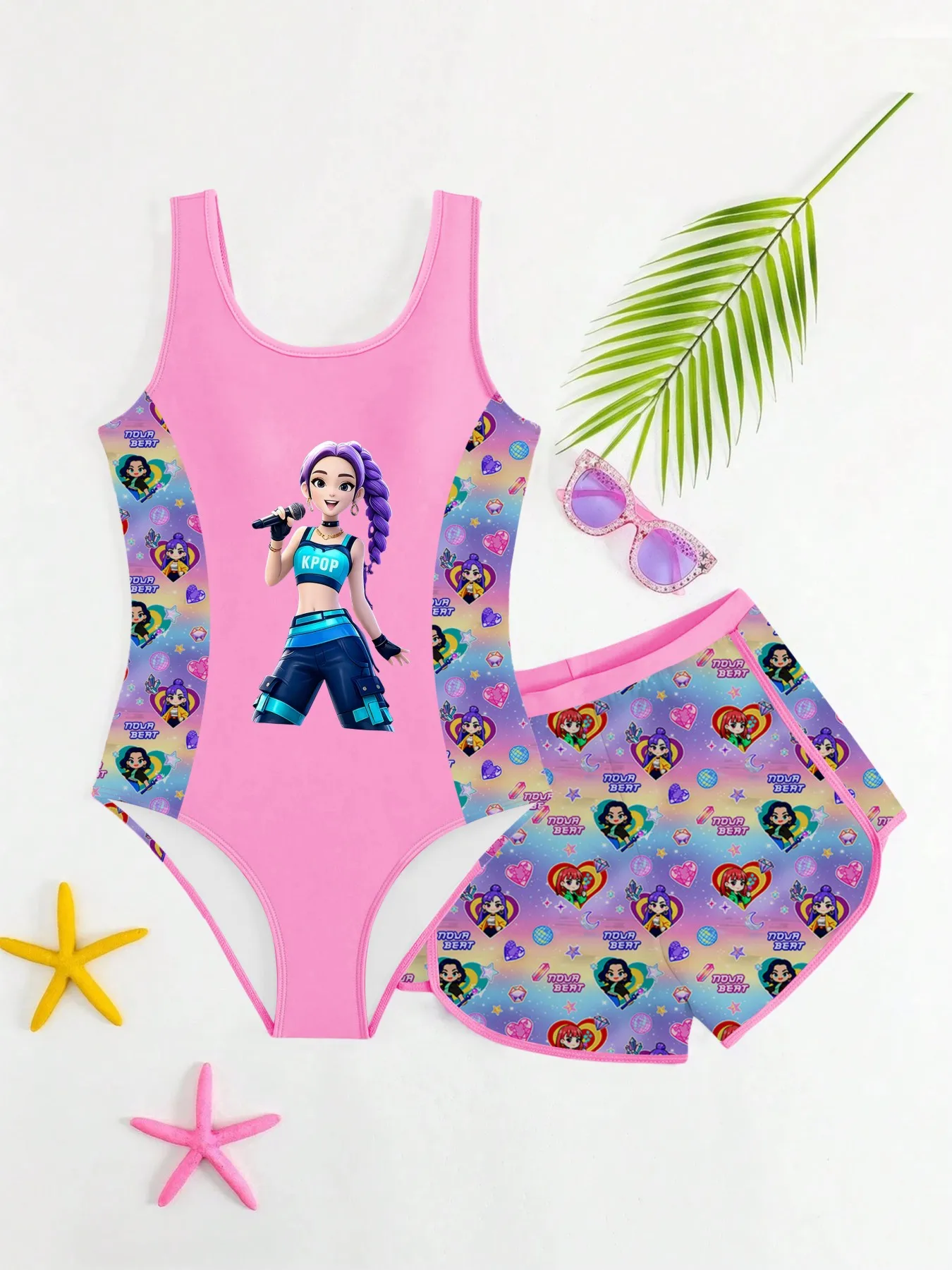 Traje de baño de una pieza con estampado de dibujos animados de cantante de K-POP para niñas, 2 piezas, con falda, para verano y playa