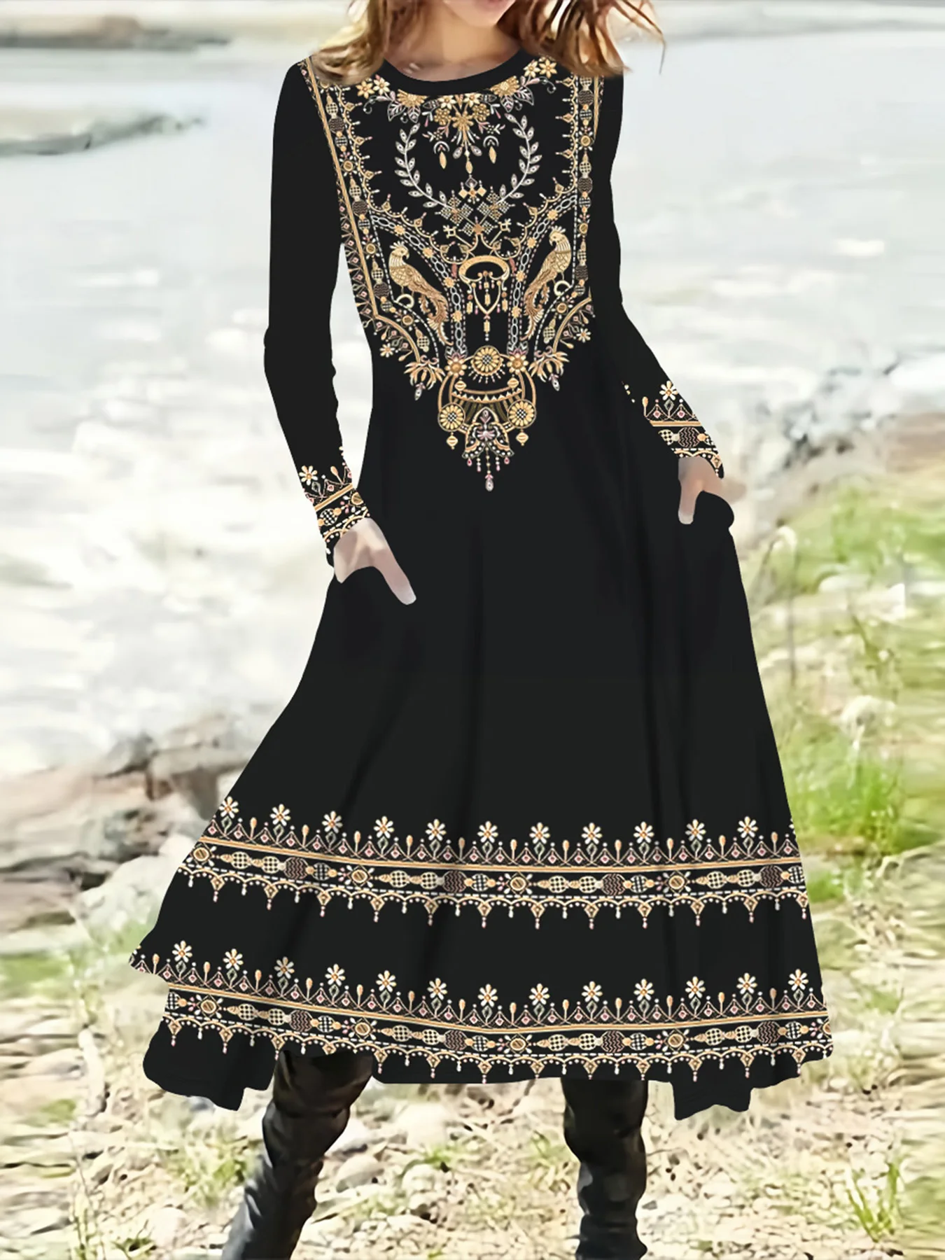 Plus Size VINTAGE Woman Printed Long Sleeve Dress Fashionable Women Party Dress Plus Size Women Clothing Vestidos Femininos