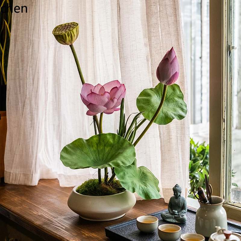 

ZML Lotus Artificial Flower New Chinese Style Ornament Vase Entrance Potted Plant High-End Tea Room Decoration