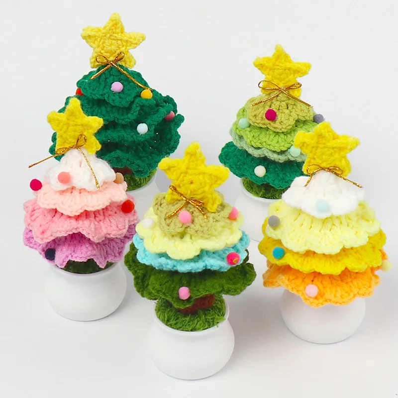 Crochet Flowers Hand-knitted Christmas Tree Potted Artificial Flower Plants Woven Bonsai New Year Navidad Party Table Decoration